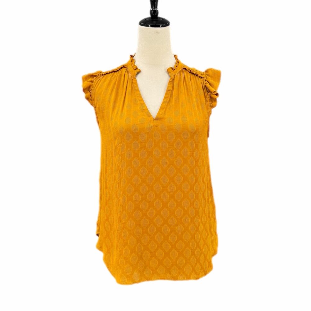 Anthropologie Maeve Mustard Yellow Ruffle Trim Boho Casual Workwear Layering Top